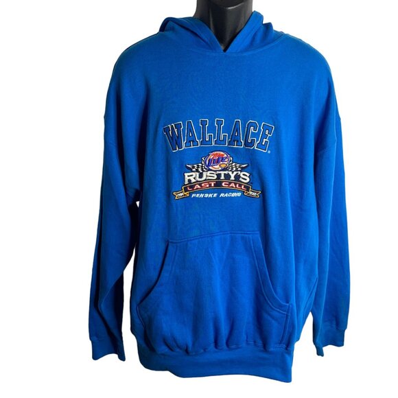 2005 Rusty Wallace Last Call Hoodie Sweatshirt L Blue Embroidered Fleece Pocket - Picture 1 of 7